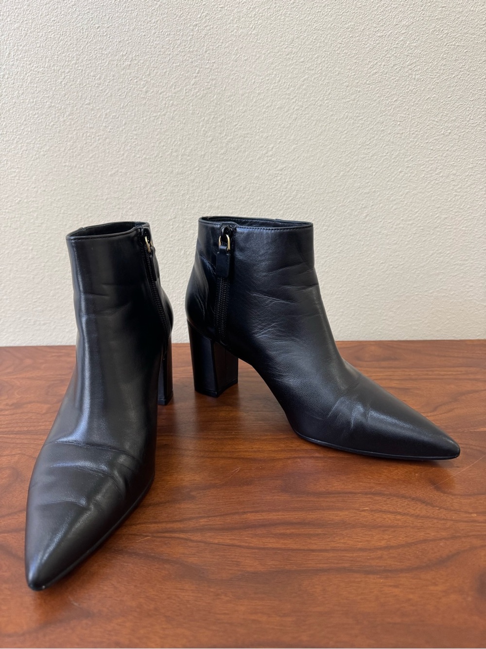 Black Leather Pointed-Toe Ankle Boots